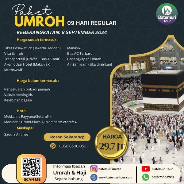 Umrah Rabiul Awal 1446 H, RH Tour , Paket 9 hari , Keberangkatan 8 September 2024